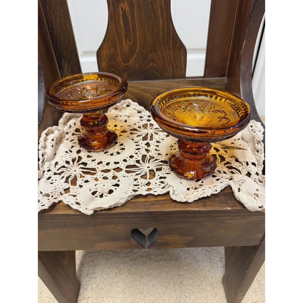 Tiara Exclusives Amber Glass Sandwich Pattern Candlestick Holders Pair Vintage